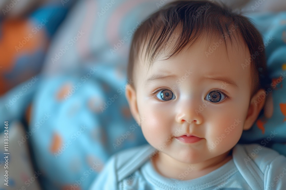 Adorable baby with big eyes, wearing a light blue onesie. Perfect for themes of childhood, innocence, and family. Adorable baby with big eyes, wearing a light blue onesie. Perfect for themes of childhood, innocence, and family.
