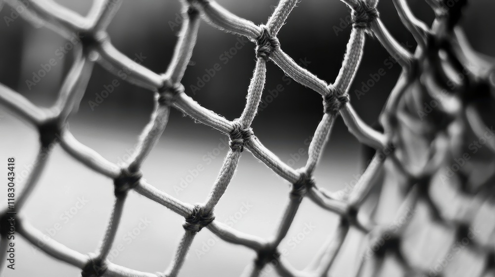 Fototapeta premium Close-up of knotted netting texture, monochrome. Ideal for themes of sports, security, or entrapment.