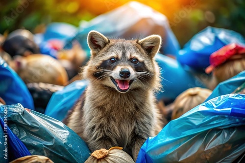 Hilarious Raccoon Trash Treasure Hunt: Double Exposure Stock Photo photo