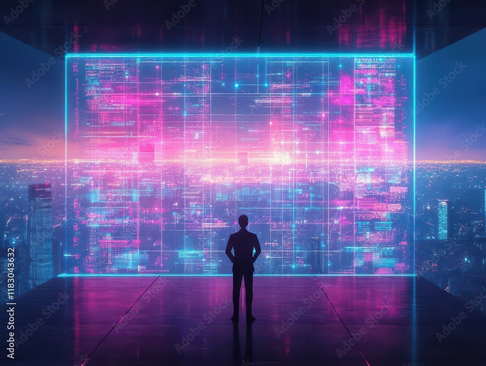 A thoughtful man gazes at a vibrant cityscape displayed on a large screen illuminating his features with a sense of wonder and curiosity in a modern setting A thoughtful man gazes at a vibrant cityscape displayed on a large screen illuminating his features with a sense of wonder and curiosity in a modern setting
