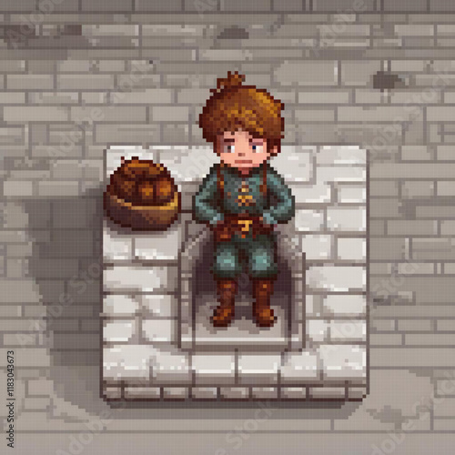 Cute pixel art of a boy perched on a brick wall with a basket beside him.