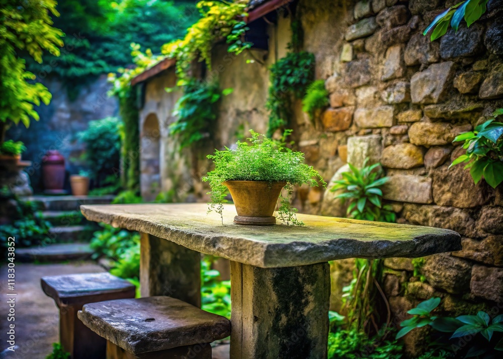 Long Exposure Product Photography Background: Stone Wall, Plants, and Table Long Exposure Product Photography Background: Stone Wall, Plants, and Table