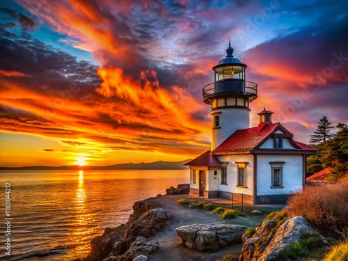 Lime Kiln Point Lighthouse, San Juan Island, Washington State - Dramatic Sunset Seascape photo