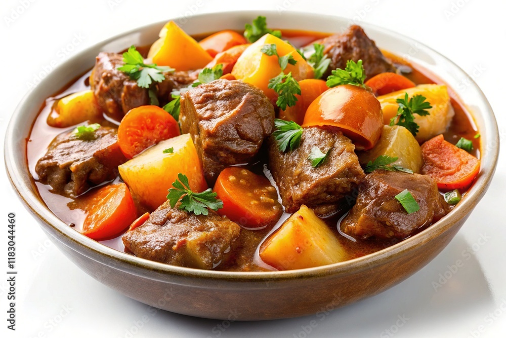 Macro Photography: Mouthwatering Beef Stew, Isolated on White Background Macro Photography: Mouthwatering Beef Stew, Isolated on White Background