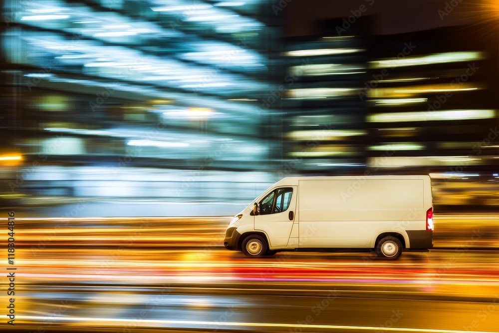 Motion Blur of a Fast Moving Delivery Van on a City Street at Night with Glowing Lights and Abstract Background in a Busy Urban Environment Motion Blur of a Fast Moving Delivery Van on a City Street at Night with Glowing Lights and Abstract Background in a Busy Urban Environment