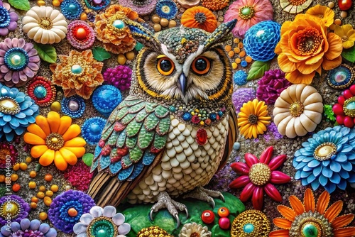 Majestic Owl on Rhinestone Bed, Fantasy Flower Mosaic, 5D Rendered Landscape