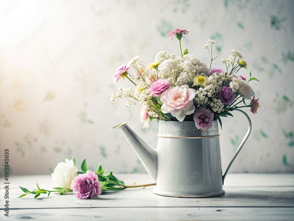 Naklejka premium Minimalist Flower Pattern in Watering Can - White Background Stock Photo
