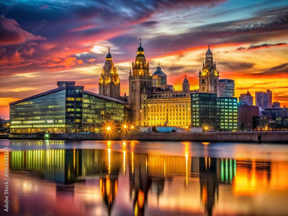 Fototapeta premium Liverpool Sunset Skyline: One Park West Building at Dusk, Cityscape Photography