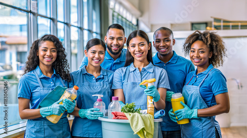 A group of cleaners, Latinos, Indians, African-Americans with detergents in their hands.