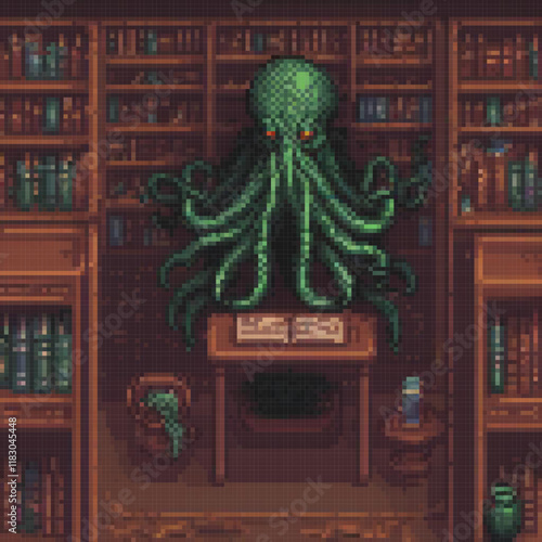 Pixel art octopus at a desk with a bookshelf