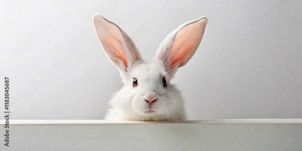 Obraz premium Minimalist Rabbit Peeking Over White Board - Cute Bunny Stock Photo