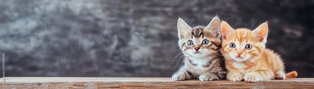 Cat and kitten on an old wooden table, warm textures, copy space, inviting warmth Cat and kitten on an old wooden table, warm textures, copy space, inviting warmth