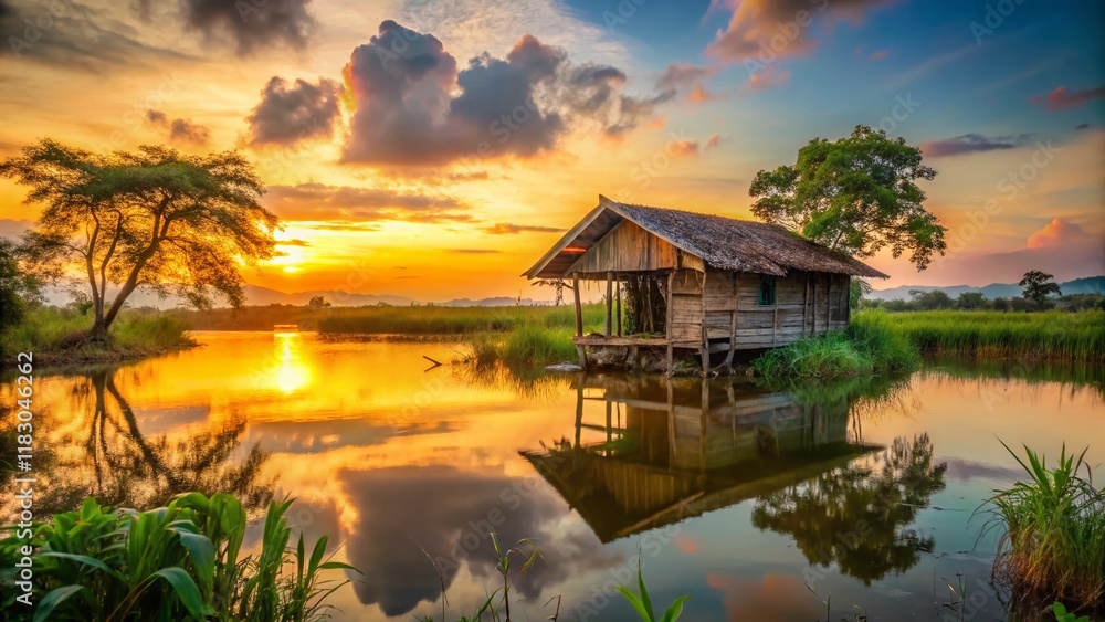 Lonely Abandoned Hut by a Serene Lake in Rural Thailand - Stock Photo Lonely Abandoned Hut by a Serene Lake in Rural Thailand - Stock Photo