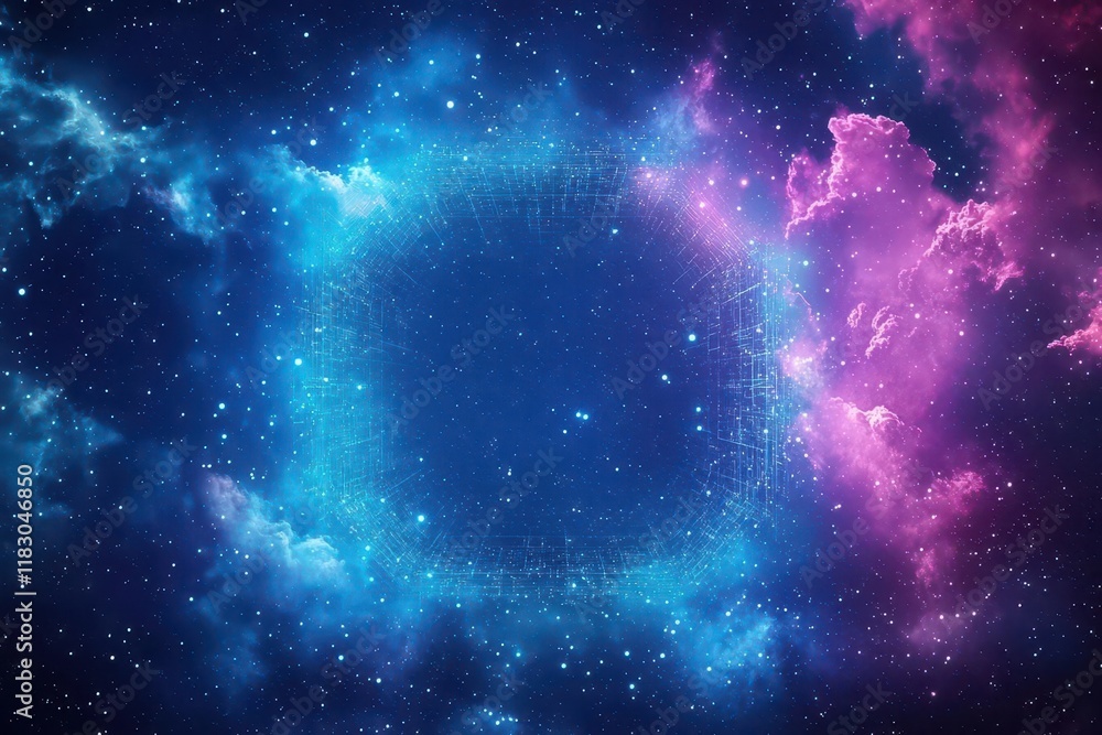 Naklejka premium Cloud storage fusion in a surreal data landscape, soft ethereal light, wide-angle view, blending technology and nature