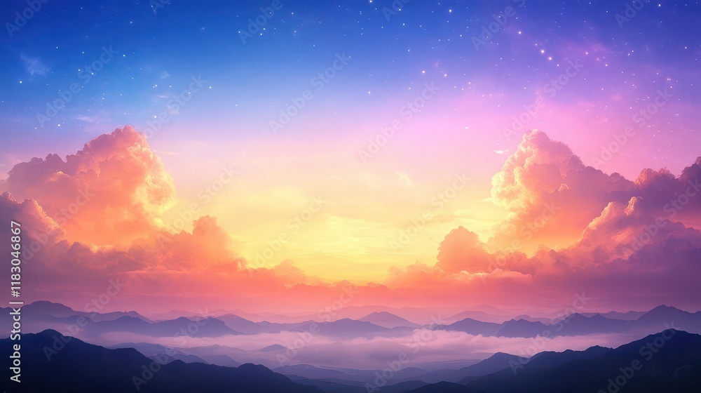 Obraz premium Clouds painted in gold hues drift over a tranquil landscape, wide-angle perspective captures the radiant twilight sky