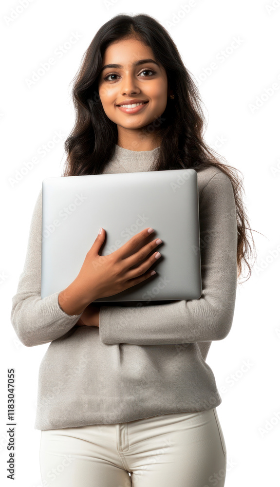 PNG Happy young Indian woman holding a laptop professional photo look. PNG Happy young Indian woman holding a laptop professional photo look.