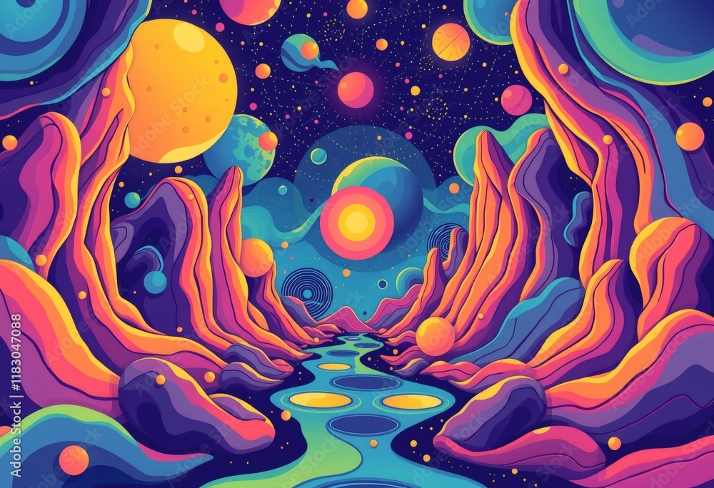 Abstract colorful illustration of a river running through a landscape with planets and stars. Abstract colorful illustration of a river running through a landscape with planets and stars.