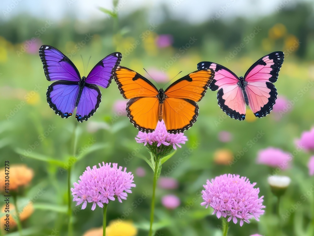 colorful butterflies flutter over blooming flowers in a lush wildflower field, alive with vibrant afternoon light, captured in macro close-up, Realistic Photo, copy space colorful butterflies flutter over blooming flowers in a lush wildflower field, alive with vibrant afternoon light, captured in macro close-up, Realistic Photo, copy space