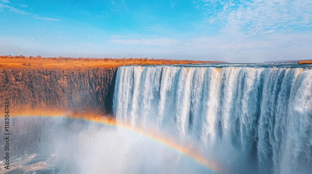 Fototapeta premium Monument cultural and iconic, A stunning waterfall cascades down, creating a mist that forms a vibrant rainbow, under a clear blue sky with golden sunlight illuminating the scene.