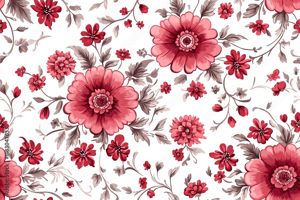 A floral pattern with red flowers and green leaves. The flowers are arranged in a way that creates a sense of movement and depth. Scene is one of beauty and tranquility A floral pattern with red flowers and green leaves. The flowers are arranged in a way that creates a sense of movement and depth. Scene is one of beauty and tranquility