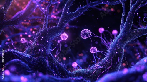 Abstract biological network with glowing, purple, and magenta organisms.  Intricate, glowing, microscopic, alien, plant-like structures.  Hypothetical, fantasy, digital art, vibrant. photo