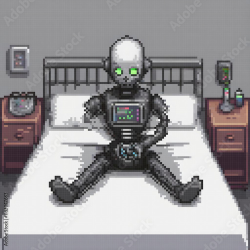 Pixel art robot on a bed in a cozy room