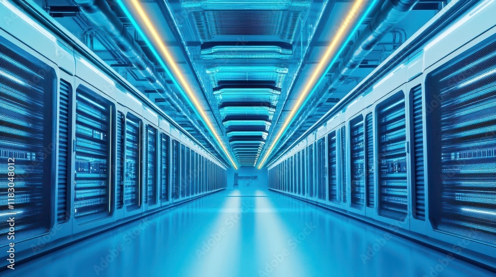 Obraz premium Cooling systems in a data center, futuristic lighting, designed for banner text