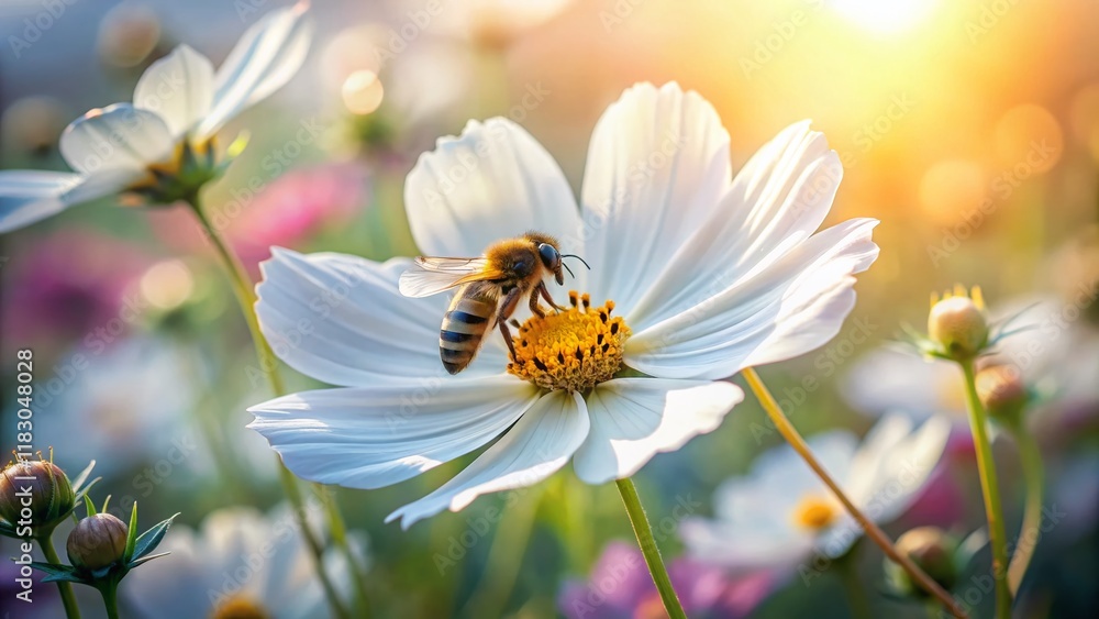 Obraz premium Long Exposure: Bee on White Cosmea Flower - Macro Photography