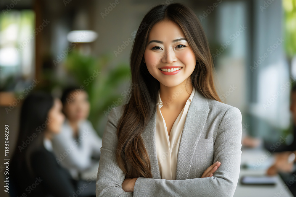 Young and successful Asian businesswoman smiling with arms crossed in busy modern office, copy space Young and successful Asian businesswoman smiling with arms crossed in busy modern office, copy space