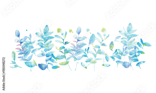 水彩画。水彩タッチのベクター草木背景。水色のグラデーション草木フレーム。Watercolor painting. Vector grass tree background with watercolor touch. Light blue gradient grass tree frame.