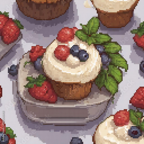 Pixel-perfect cupcakes with vibrant berries, perfect for any dessert lover.