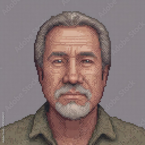 Pixel art of a wise, bearded man in a vibrant green shirt.