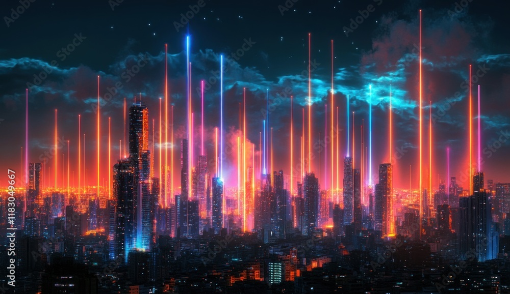 Futuristic City Skyline at Night with Wireless Network Connection and Vibrant Neon Lights Futuristic City Skyline at Night with Wireless Network Connection and Vibrant Neon Lights