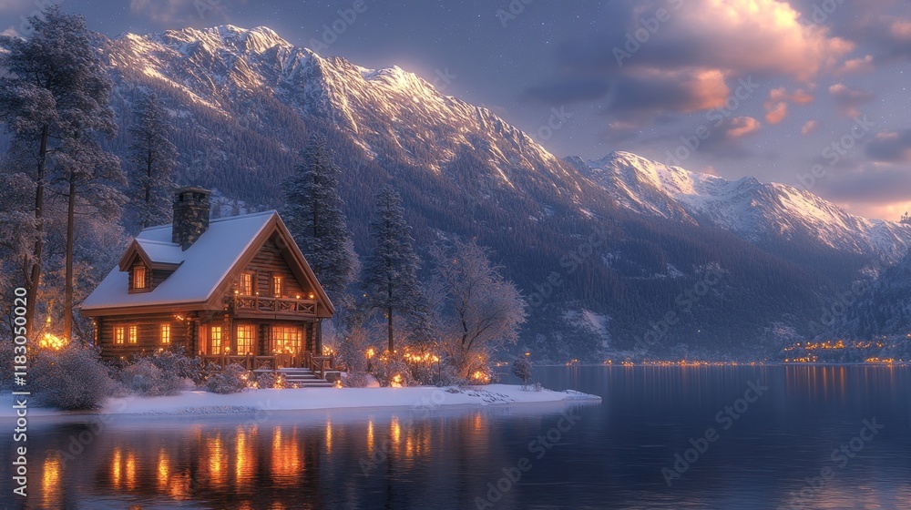 Fototapeta premium Cozy cabin nestled in snowy mountains by a lake at sunset.