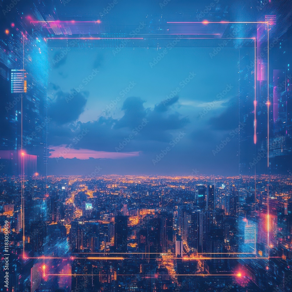Fototapeta premium Vibrant Cityscape at Night Featuring Illuminated Neon Lights with a Square Frame Creating a Modern Urban Atmosphere and Dynamic Visual Energy