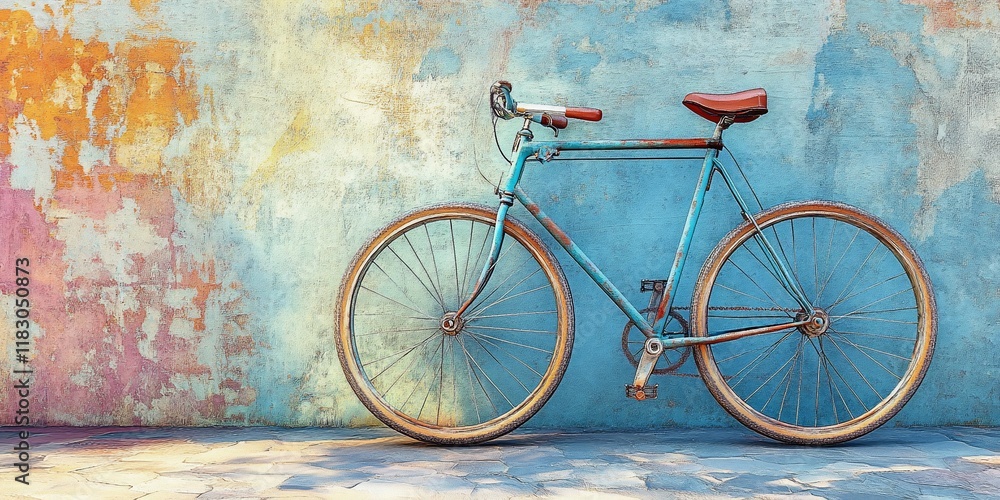 Rustic blue bicycle leans against textured wall Rustic blue bicycle leans against textured wall