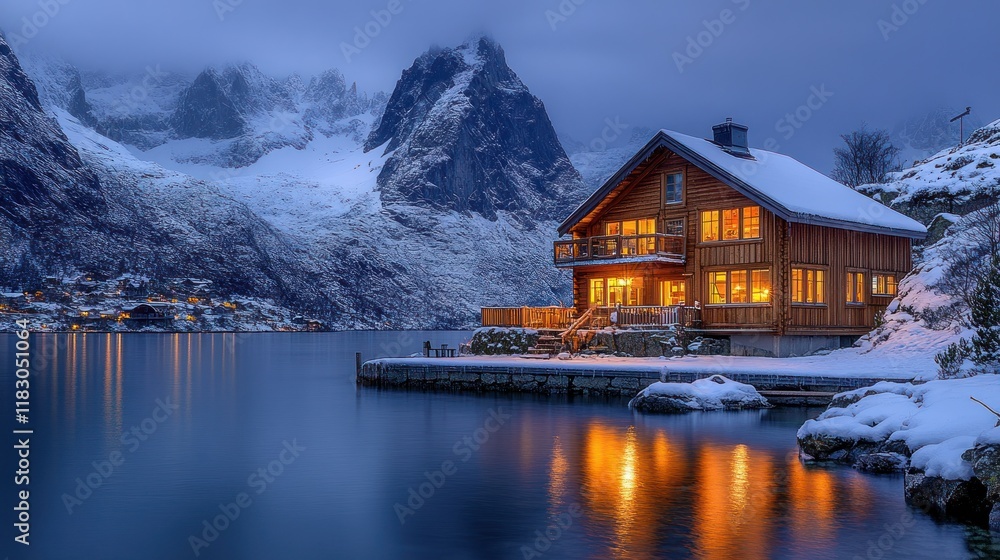 Fototapeta premium Cozy cabin nestled in snowy mountains.