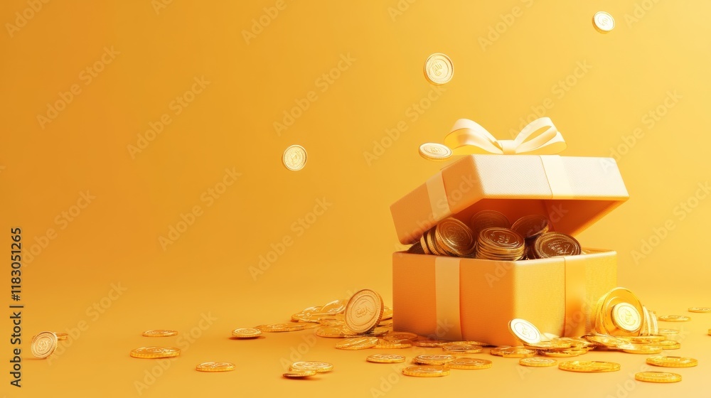 Fototapeta premium 3D open gift box surprise with gold coins. loyalty program and get rewards, Money prize reward. Casino or Online game winner. 3d rendering. Vector illustration