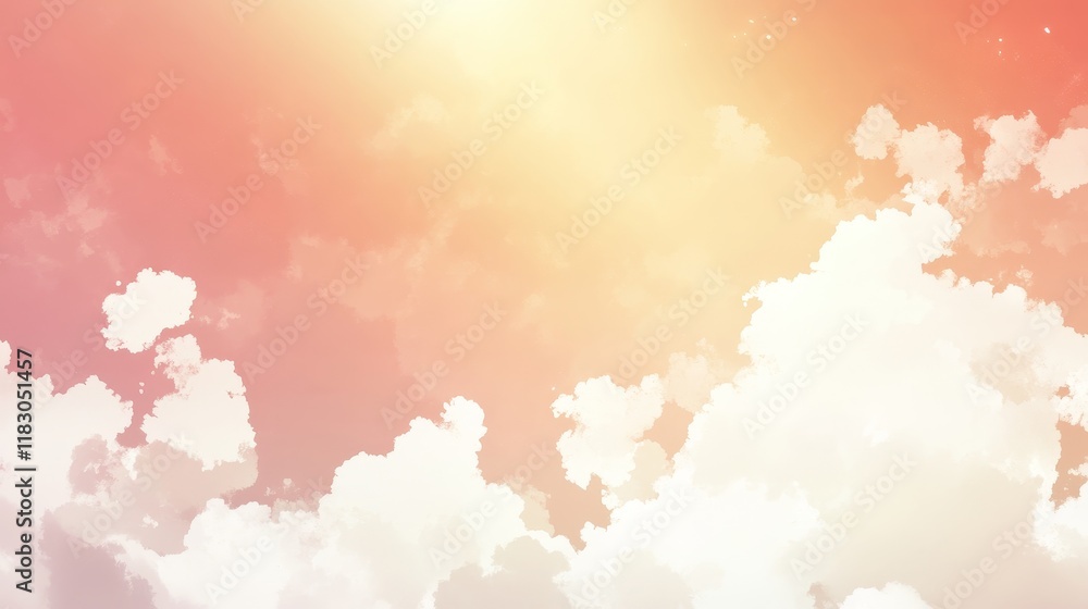 Obraz premium Serene Background of Soft Clouds in a Colorful Sky with Gentle Sunlight Streaming Through, Creating an Ethereal and Dreamlike Atmosphere for Various Creative Projects
