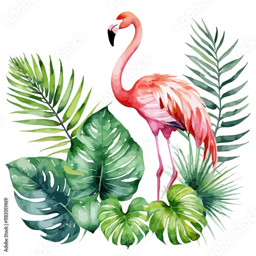 Elegant watercolor illustration of a flamingo surrounded by tropical leaves, featuring soft pastel colors and detailed textures. Vector illustration isolated. Perfect for nature-themed art and decor.