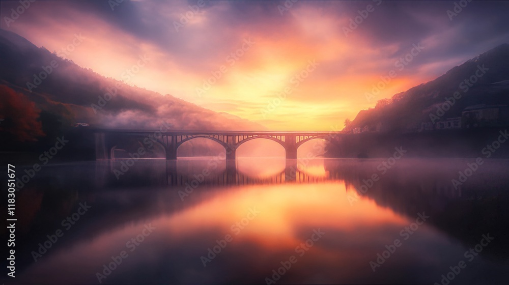 Fototapeta premium Serene Sunrise Bridge Over Misty River Valley