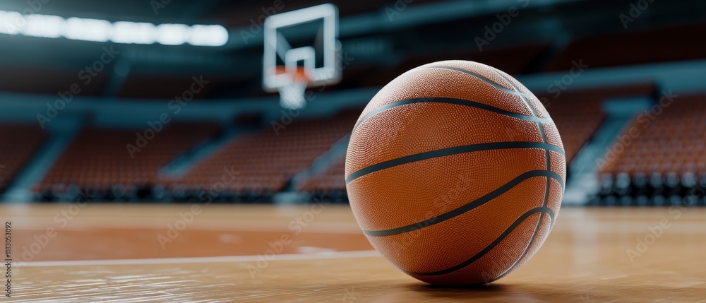 Naklejka premium A close-up of a basketball resting on the court, with a blurred hoop in the background, capturing the essence of the sport in an indoor arena.