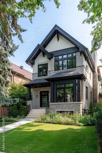This beautifully designed two-story house boasts a lush, green front lawn and is situated in a serene suburban neighborhood, basking in the warm glow of midday summer sunlight