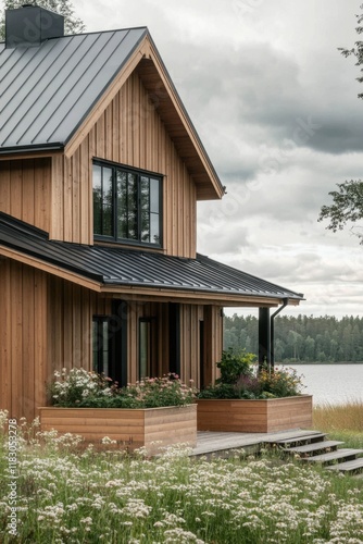 Wallpaper Mural Modern wooden house near a tranquil lake surrounded by nature, showcasing a stylish design with a welcoming porch area, ideal for relaxation and enjoying the scenery Torontodigital.ca