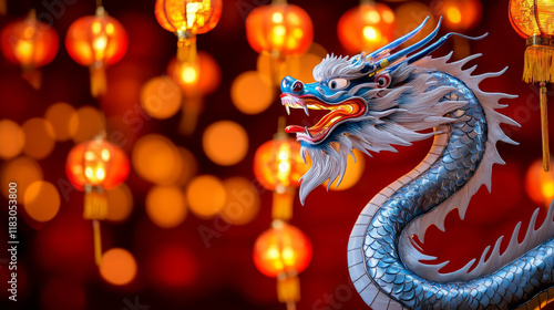 Wallpaper Mural Majestic blue dragon sculpture with vibrant red lanterns glowing in background, creating festive atmosphere. intricate details of dragon enhance enchanting scene Torontodigital.ca