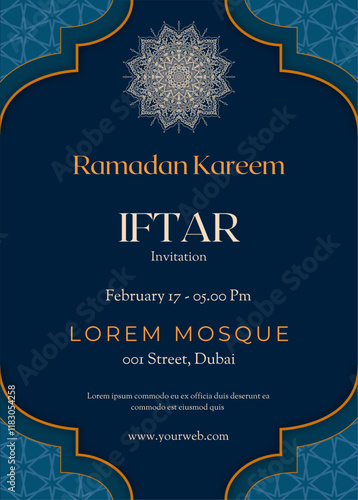 Iftar party invitation poster template for ramadan celebration. Ramadan Design vector illustration, islamic banner, flyer. Ramadan 2025.