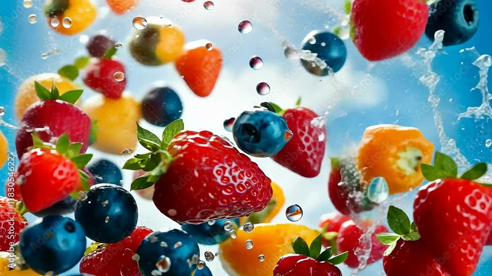 A vibrant display of mixed berries, including strawberries and blueberries, splashing in water under a sunny blue sky. A vibrant display of mixed berries, including strawberries and blueberries, splashing in water under a sunny blue sky.