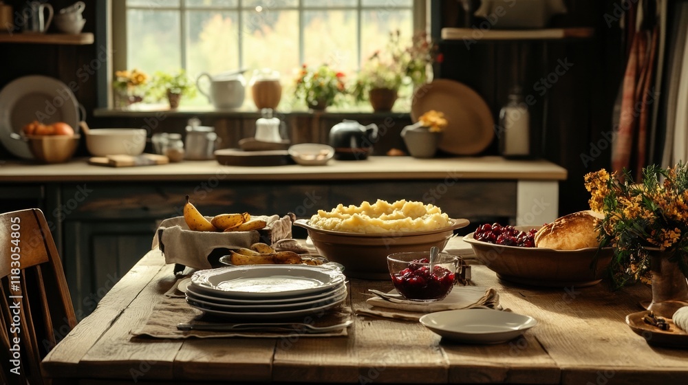 Rustic Thanksgiving Table Setting Featuring Mashed Potatoes and Cranberries Rustic Thanksgiving Table Setting Featuring Mashed Potatoes and Cranberries