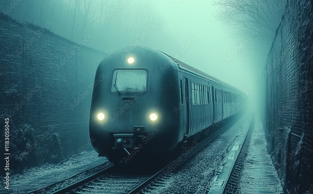 Naklejka premium A train is traveling down a track in the rain