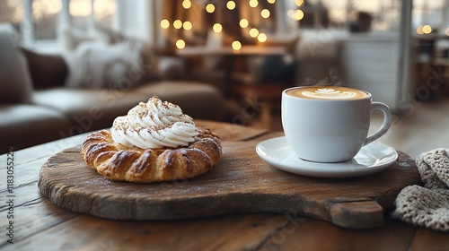 Cozy cafe scene pastry and cappuccino. photo